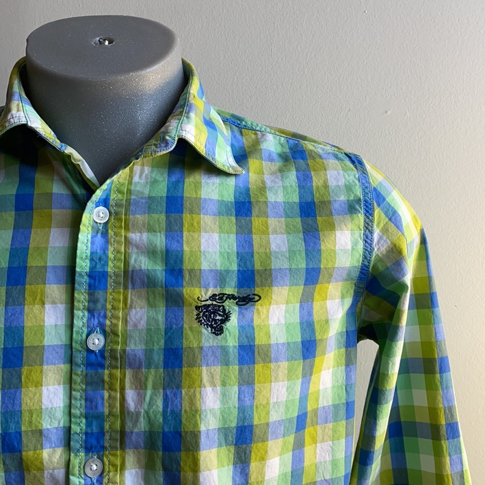Plaid Ed Hardy Button Down Shirt Size Medium .